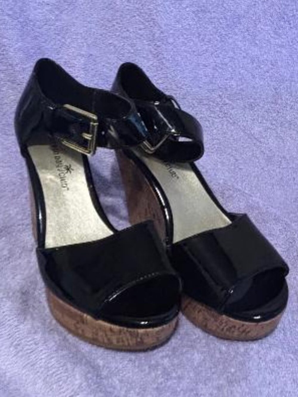 Montego Bay Club Black Patent Cork Wedge Strap Shoe Sandal Sz 6 NEW